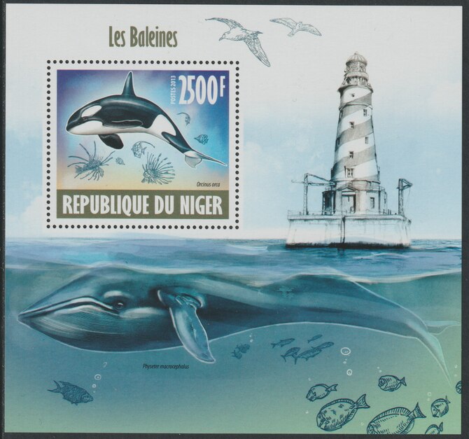 Niger Republic 2013 Whales perf souvenir sheet containing one value unmounted mint, stamps on marine life, stamps on whales, stamps on lighthouses