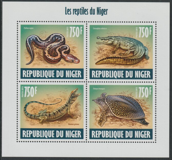 Niger Republic 2013 Reptiles of Niger perf sheet containing 4 values unmounted mint, stamps on reptiles, stamps on snakes, stamps on crocodiles, stamps on lizards