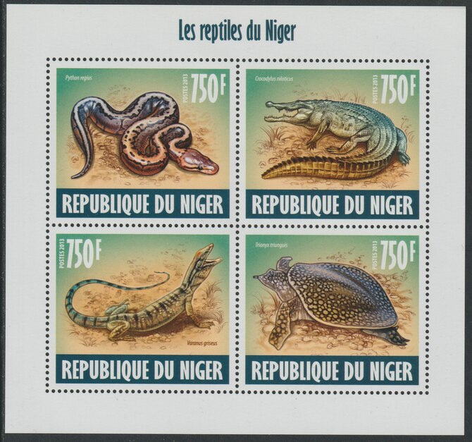 Niger Republic 2013 Reptiles of Niger perf sheet containing 4 values unmounted mint, stamps on reptiles, stamps on snakes, stamps on crocodiles, stamps on lizards