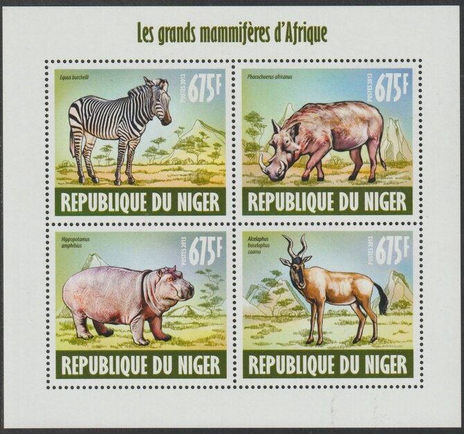 Niger Republic 2013 Animals of Africa perf sheet containing 4 values unmounted mint, stamps on animals, stamps on zebra, stamps on rhinos, stamps on hippos, stamps on 
