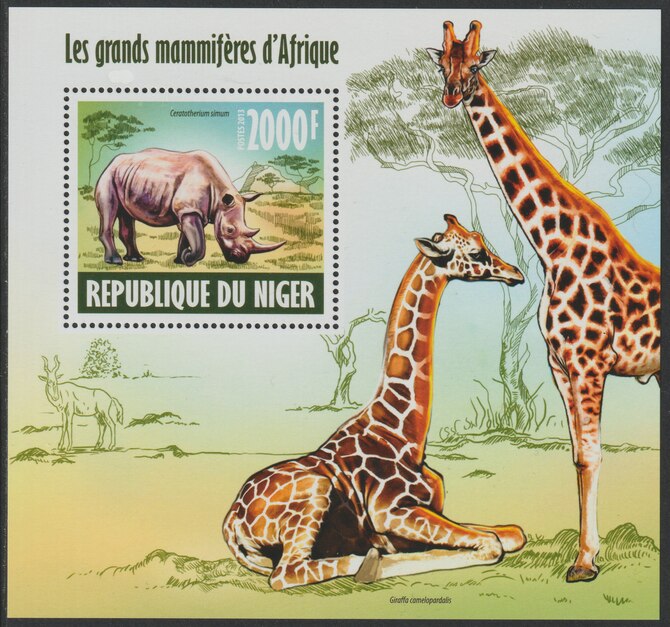 Niger Republic 2013 Animals of Africa perf souvenir sheet containing one value unmounted mint, stamps on , stamps on  stamps on animals, stamps on  stamps on giraffe, stamps on  stamps on rhinos, stamps on  stamps on , stamps on  stamps on 