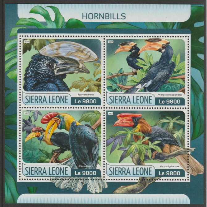 Sierra Leone 2017 Hornbills perf sheetlet containing 4 values unmounted mint, stamps on birds, stamps on hornbills