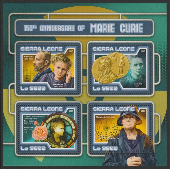 Sierra Leone 2017 Marie Curie perf sheetlet containing 4 values unmounted mint, stamps on sscience, stamps on curie, stamps on nobel