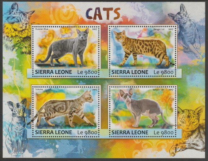 Sierra Leone 2017 Domestic Cats perf sheetlet containing 4 values unmounted mint, stamps on cats, stamps on 