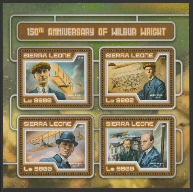Sierra Leone 2017 Wilbur Wright 150th Birth Anniv perf sheetlet containing 4 values unmounted mint, stamps on aviation, stamps on wright