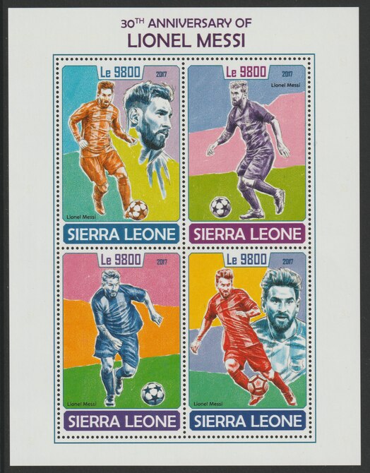 Sierra Leone 2017 Lionel Messi (football) 30th Birth Anniv perf sheetlet containing 4 values unmounted mint, stamps on sport, stamps on football