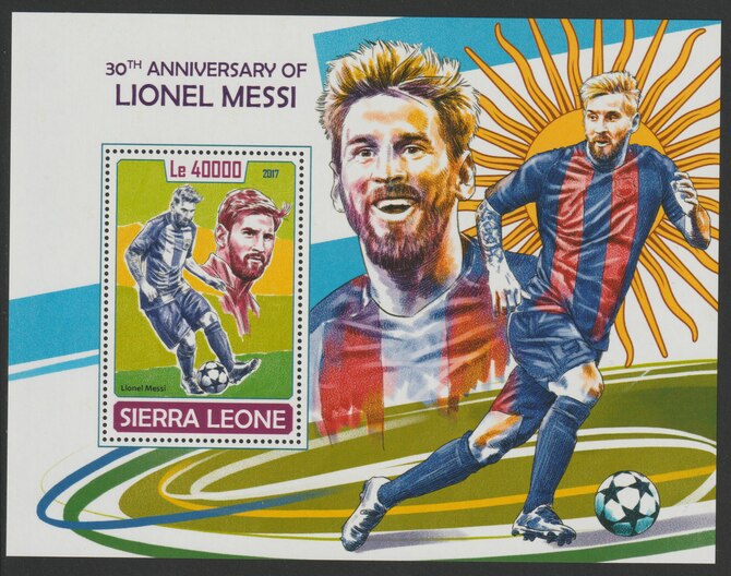 Sierra Leone 2017 Lionel Messi (football) 30th Birth Anniv perf deluxe sheet containing one value unmounted mint, stamps on sport, stamps on football