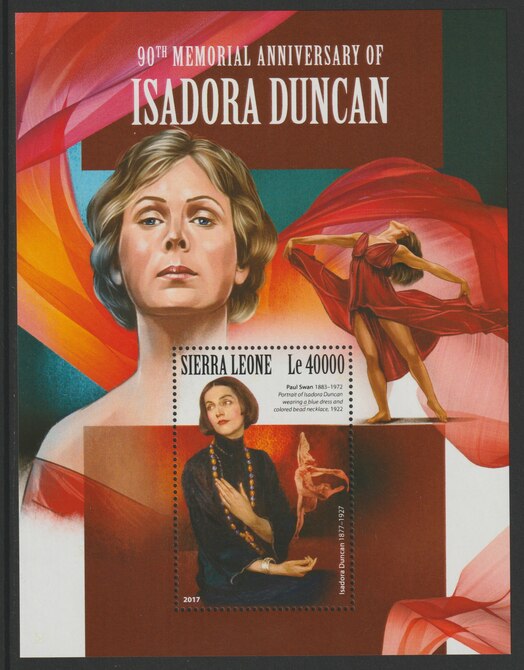 Sierra Leone 2017 Isadora Duncan 90th Death Anniv perf deluxe sheet containing one value unmounted mint, stamps on duncan, stamps on dancing