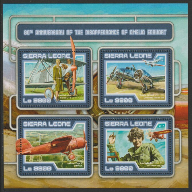 Sierra Leone 2017 Amelia Earhart Disappearance 80th Anniv perf sheetlet containing 4 values unmounted mint, stamps on earhart, stamps on women, stamps on aviation