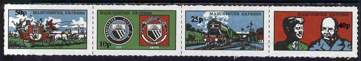 Cinderella - Manchester Express 1971 se-tenant rouletted strip of 4 values in A3p (decimal) on ungummed paper, stamps on , stamps on  stamps on cinderella, stamps on  stamps on coaches, stamps on  stamps on postal, stamps on  stamps on football, stamps on  stamps on railways, stamps on  stamps on personalities, stamps on  stamps on kennedy, stamps on  stamps on usa presidents, stamps on  stamps on americana, stamps on  stamps on churchill, stamps on  stamps on constitutions, stamps on  stamps on  ww2 , stamps on  stamps on masonry, stamps on  stamps on masonics, stamps on  stamps on 