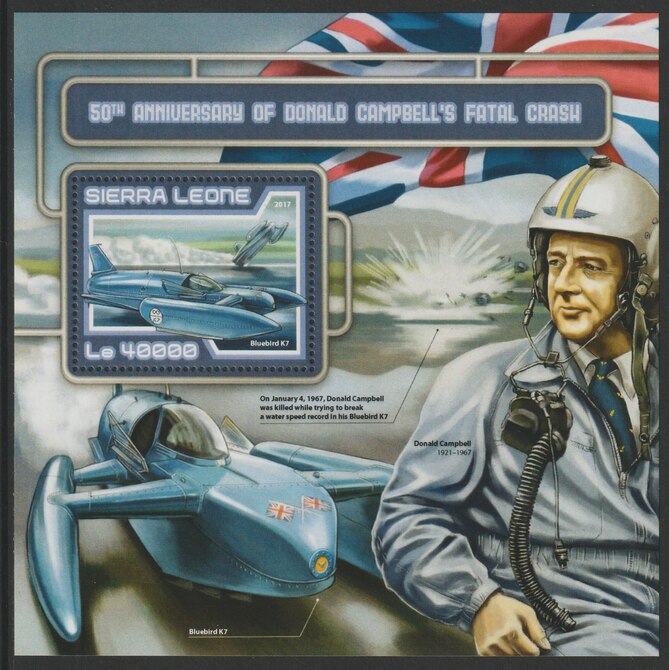 Sierra Leone 2017 Donald Campbell's fatal Crash 50th Anniv perf deluxe sheet containing one value unmounted mint, stamps on campbell, stamps on speed