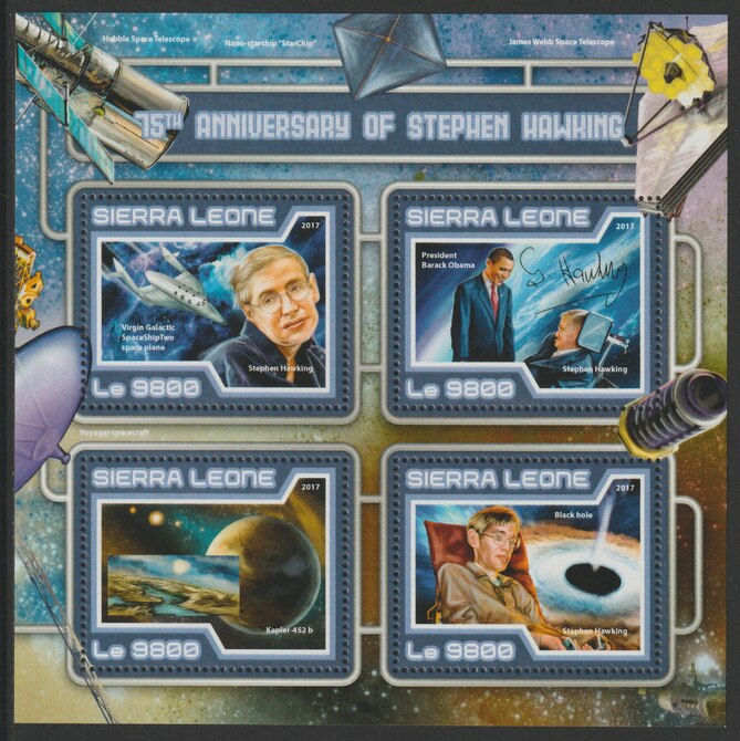 Sierra Leone 2017 Stephen Hawking 75th Birth Anniv perf sheetlet containing 4 values unmounted mint, stamps on science, stamps on hawking, stamps on space
