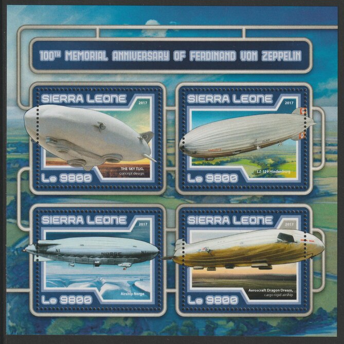 Sierra Leone 2017 Ferdinand von Zeppelin 100th Death Anniv perf sheetlet containing 4 values unmounted mint, stamps on aviation, stamps on zeppelin