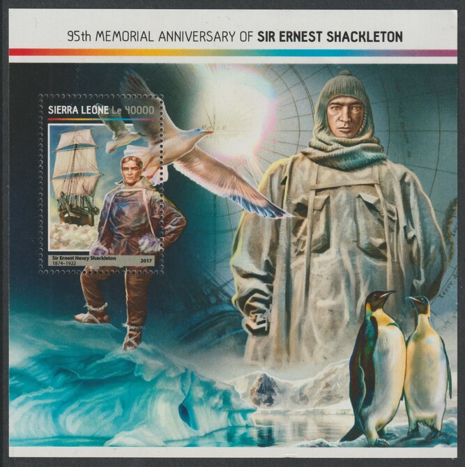 Sierra Leone 2017 Sir Ernest Shackleton 95th Death Anniv perf deluxe sheet containing one value unmounted mint, stamps on shackleton, stamps on explorers, stamps on polar, stamps on ships, stamps on penguins