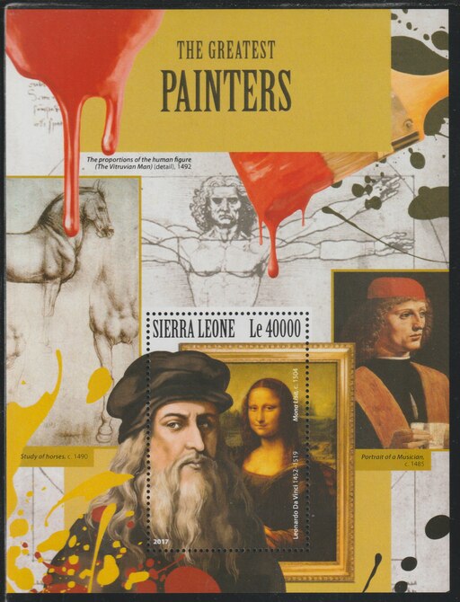 Sierra Leone 2017 Great Painters perf deluxe sheet containing one value unmounted mint, stamps on arts, stamps on leonardo, stamps on da vinci