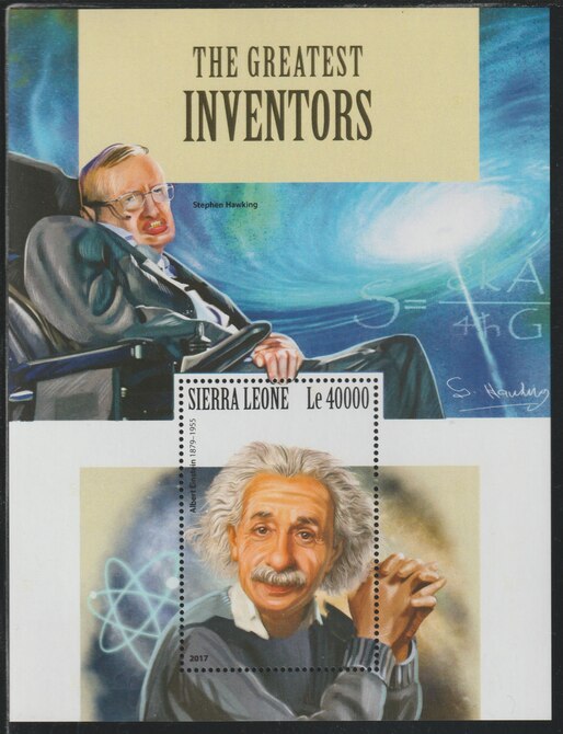 Sierra Leone 2017 Great Inventors perf deluxe sheet containing one value unmounted mint, stamps on inventors, stamps on science, stamps on einstein, stamps on hawking