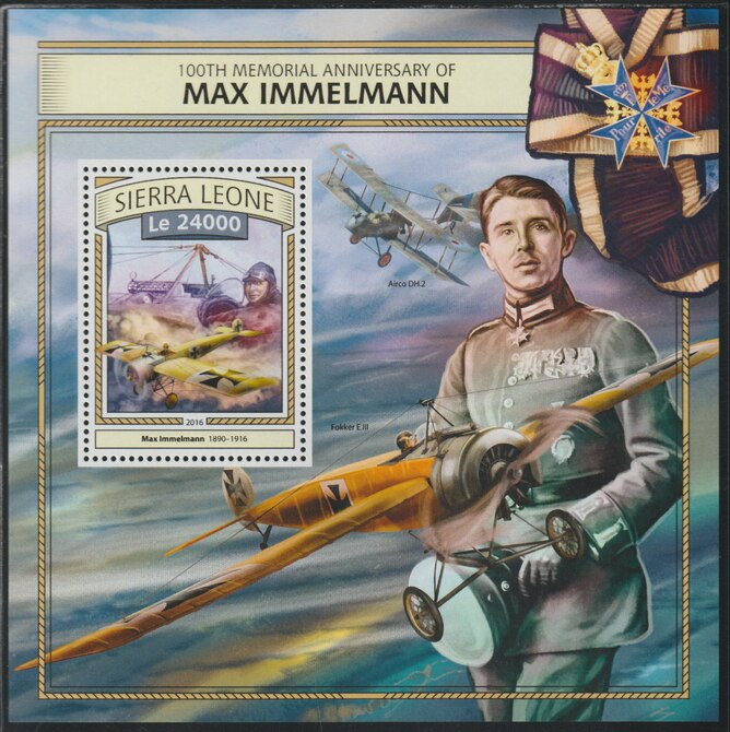 Sierra Leone 2015 Max Immelmann 100th Death Anniv perf deluxe sheet containing one value unmounted mint, stamps on immelmann, stamps on aviation, stamps on  ww1 , stamps on 