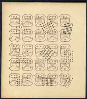 Italy - Parma 1859 issue Spiro Forgery complete imperf sheet of 25 x 10c brown 'used', stamps on , stamps on  stamps on italy - parma 1859 issue spiro forgery complete imperf sheet of 25 x 10c brown 'used'