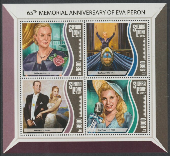 Sierra Leone 2017 Eva Peron 65th Death Anniv perf sheetlet containing 4 values unmounted mint, stamps on women, stamps on peron, stamps on films, stamps on cinema