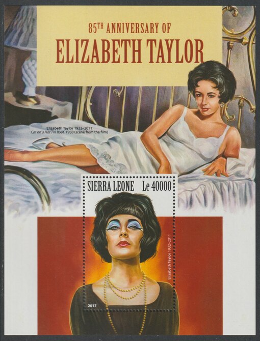 Sierra Leone 2017 Elizabeth Taylor perf deluxe sheet containing one value unmounted mint, stamps on films, stamps on cinema, stamps on movies, stamps on women
