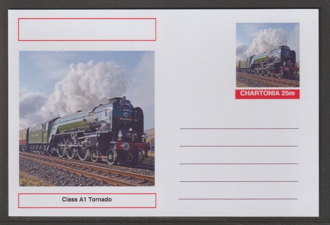 Chartonia (Fantasy) Railways - Class A1 Tornado postal stationery card unused and fine, stamps on transport, stamps on railways