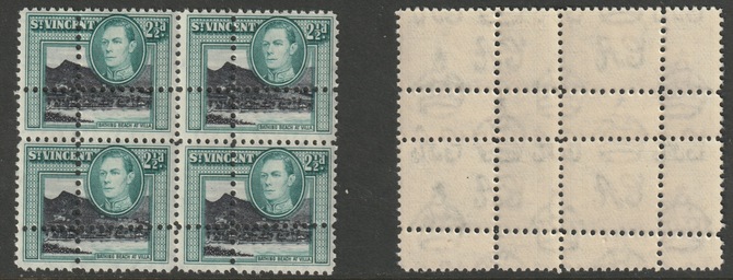 St Vincent 1938 KG6 2.5d (Beach Villa) block of four with perforations doubled (stamps are quartered), unmounted mint. Note: the stamps are genuine but the additional perfs are a slightly different gauge identifying it to be a forgery., stamps on forgery, stamps on  kg6 , stamps on 