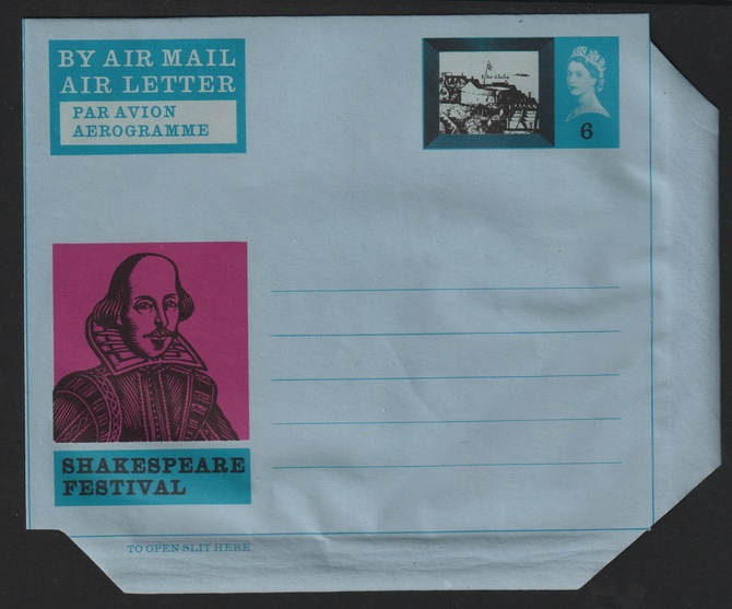 Aerogramme - Great Britain 1964 Shakespeare Festival 6d Air Letter (Globe Theatre) featuring Shakespear portrait with magenta background and Memorial Theatre, unused and ..., stamps on aviation, stamps on shakespeare, stamps on literature, stamps on theatres