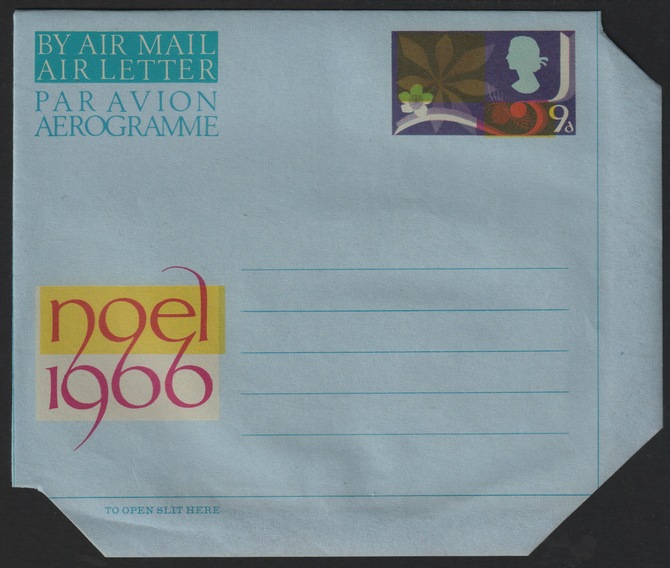 Aerogramme - Great Britain 1966 Christmas 9d Air Letter  featuring Christmas Trees and Santa, unused and fine (folded along fold lines), stamps on aviation, stamps on christmas