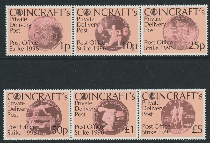 Cinderella - Great Britain 1996 perf set of 6 (2 strips of 3)  produced by Coincraft for use during Great Britain Postal strike, unmounted mint, stamps on postal, stamps on strike, stamps on cinderella