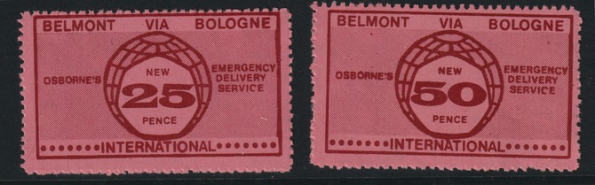 Cinderella - Great Britain 1971 perf 25p & 50p International labels in red on pink produced by Belmont for use during Great Britain Postal strike, unmounted mint, stamps on postal, stamps on strike, stamps on cinderella