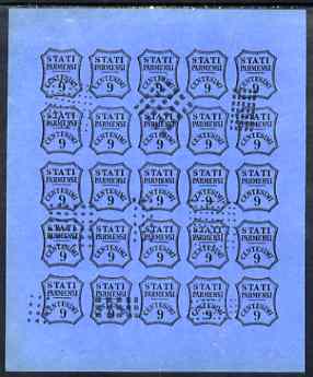 Italy - Parma 1853 Newspaper issue Spiro Forgery complete imperf sheet of 25 x 9c black on blue used, stamps on 