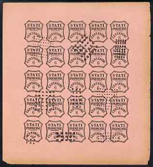 Italy - Parma 1853 Newspaper issue Spiro Forgery complete imperf sheet of 25 x 6c black on rose 'used', stamps on , stamps on  stamps on italy - parma 1853 newspaper issue spiro forgery complete imperf sheet of 25 x 6c black on rose 'used'