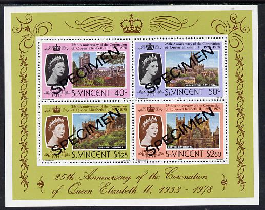 St Vincent 1978 Coronation 25th Anniversary m/sheet (Cathedrals & Abbeys) opt'd Specimen unmounted mint, as SG MS 560, stamps on , stamps on  stamps on churches, stamps on royalty, stamps on coronation, stamps on cathedrals