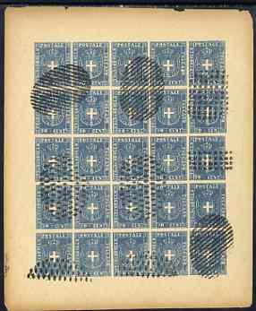 Italy - Tuscany 1860 issue Spiro Forgery complete imperf sheet of 25 x 20c blue (Arms) 'used', stamps on , stamps on  stamps on italy - tuscany 1860 issue spiro forgery complete imperf sheet of 25 x 20c blue (arms) 'used'