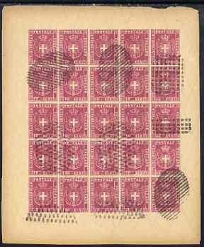 Italy - Tuscany 1860 issue Spiro Forgery complete imperf sheet of 25 x 40c rose (Arms) 'used', stamps on , stamps on  stamps on italy - tuscany 1860 issue spiro forgery complete imperf sheet of 25 x 40c rose (arms) 'used'