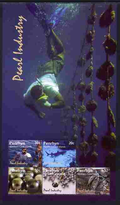 Cook Islands - Penrhyn 2011 Pearl Industry perf sheetlet containing 5 values unmounted mint , stamps on , stamps on  stamps on fishing, stamps on  stamps on shells, stamps on  stamps on marine life, stamps on  stamps on scuba, stamps on  stamps on tourism