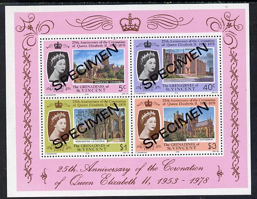 St Vincent - Grenadines 1978 Coronation 25th Anniversary m/sheet (Cathedrals) opt'd Specimen unmounted mint, as SG MS 134, stamps on , stamps on  stamps on churches, stamps on royalty, stamps on coronation, stamps on cathedrals