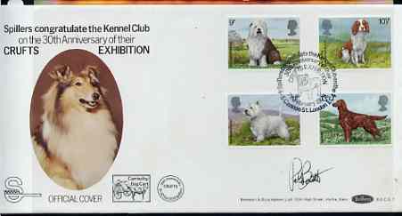 Great Britain 1979 Dogs set of 4 on illustrated cover with first day Crufts cancel, signed by Peter Barrett, the designer, stamps on , stamps on  stamps on great britain 1979 dogs set of 4 on illustrated cover with first day crufts cancel, stamps on  stamps on  signed by peter barrett, stamps on  stamps on  the designer