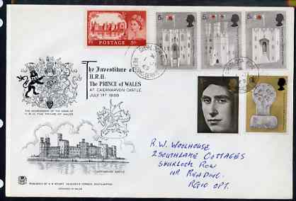 Great Britain 1969 Investiture of Prince of Wales set of 5 on illustrated cover plus Caernarvon Castle 5s all tied with first day cancel of 1st July, hand written address, stamps on , stamps on  stamps on castles
