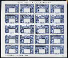 Liberia 1952 Ashmun 50c blue imperf proof sheet of 20 of frame only in issued colour unmounted mint as SG 722, stamps on 