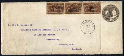 United States 1896 long 10c p/stat cover to UK bearing additional 3 x 5c Columbian Exposition adhesives with Crapeville, PA date stamp alongside, New York & London marks ..., stamps on 