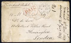 South Australia 1868 pre-stamp cover to London endorsed per Contract Packet\D5, stamps on 