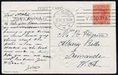 Victoria 1910 embossed picture postcard (Flowers) to W Australia bearing 1d tied machine cancel, v fine, stamps on 
