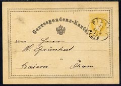 Austria 1873 correspondence card bearing 2kr yellow tied by fine Pilsen date stamp