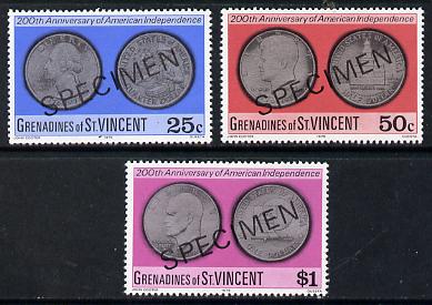 St Vincent - Grenadines 1976 USA Bicentenary (Coins) set of 3 optd Specimen unmounted mint, as SG 82-84, stamps on coins   constitutions    history     americana