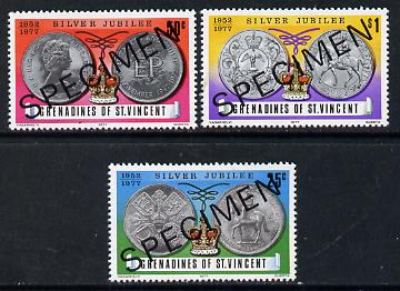 St Vincent - Grenadines 1977 Silver Jubilee (Commemorative Coins) set of 3 opt'd Specimen unmounted mint, as SG 93-95, stamps on , stamps on  stamps on coins    royalty     silver jubilee