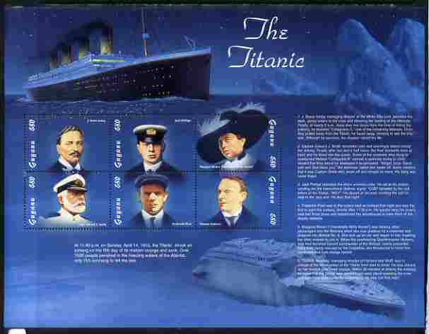 Guyana 1998 85th Anniversary of Sinking of RMS Titanic perf sheetlet containing set of 6 values unmounted mint SG 5282-87, stamps on , stamps on  stamps on ships, stamps on  stamps on disasters