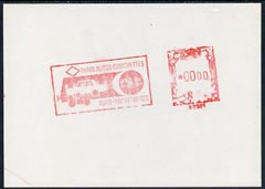Belgium 1960's Proof of meter mark for Train Autos Couchettes (showing car on train) value expressed as 0000, stamps on , stamps on  stamps on belgium 1960's proof of meter mark for train autos couchettes (showing car on train) value expressed as 0000