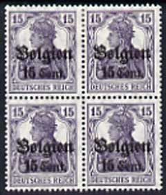 Belgium - German Occupation 1916 Germania 15c on 15pf fine mounted mint block of 4 incl stamps 38 & 47 with 'narrow space' with Berlingin cert, Mi 16a, stamps on , stamps on  stamps on belgium - german occupation 1916 germania 15c on 15pf fine mounted mint block of 4 incl stamps 38 & 47 with 'narrow space' with berlingin cert, stamps on  stamps on  mi 16a