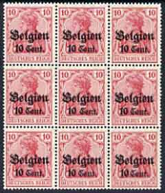 Belgium - German Occupation 1916 Germania 10c on 10pf fine mounted mint block of 9 incl stamp 28 with 